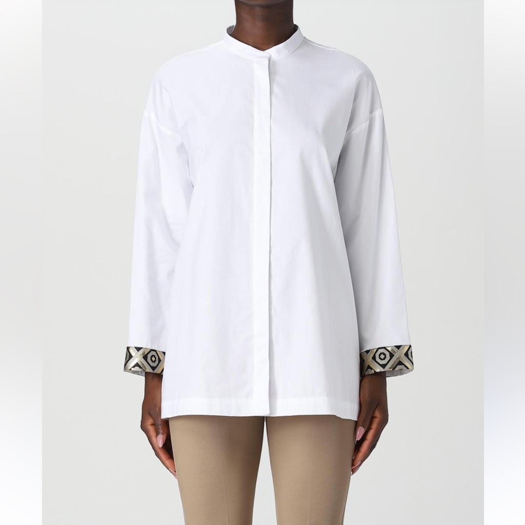 Maxmara Nwt Sz 2 The Tenerife White Button Down Shirt Patterned Cuffs